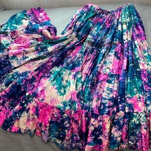Boho Multicolored Maxi Silk Skirt XL Tie Dye Festival Fairy Tiered